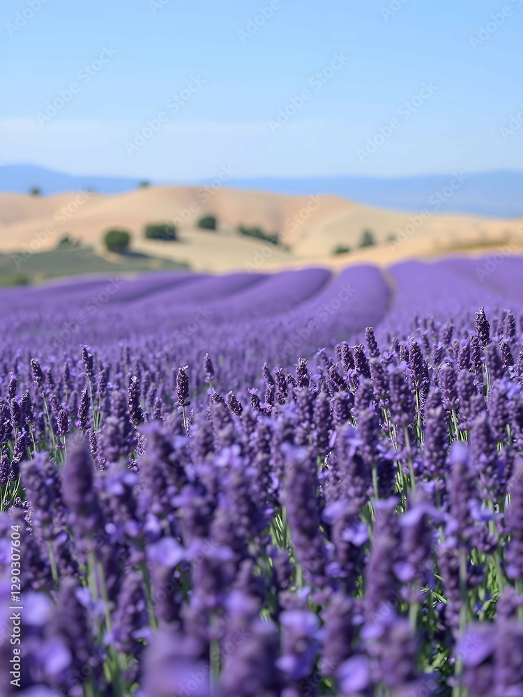 Naklejka premium expansive lavender fields in full bloom, stretching towards the horizon under a clear blue sky. The vibrant purple flowers create a striking contrast with the distant rolling hills.