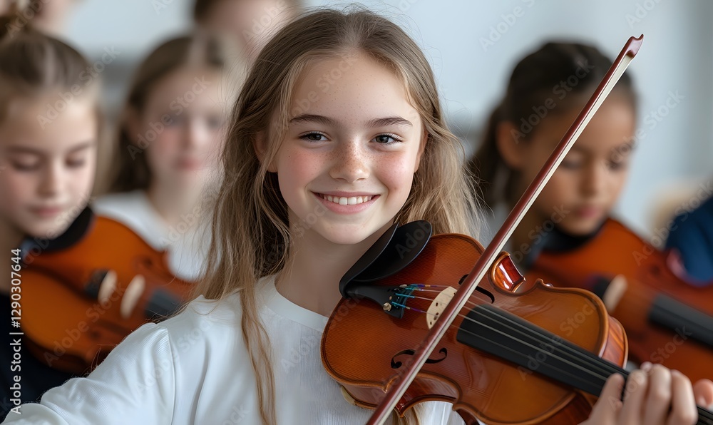 Smiling girl playing violin looking at camera surrounded by classmates in classroom, Generative AI Smiling girl playing violin looking at camera surrounded by classmates in classroom, Generative AI