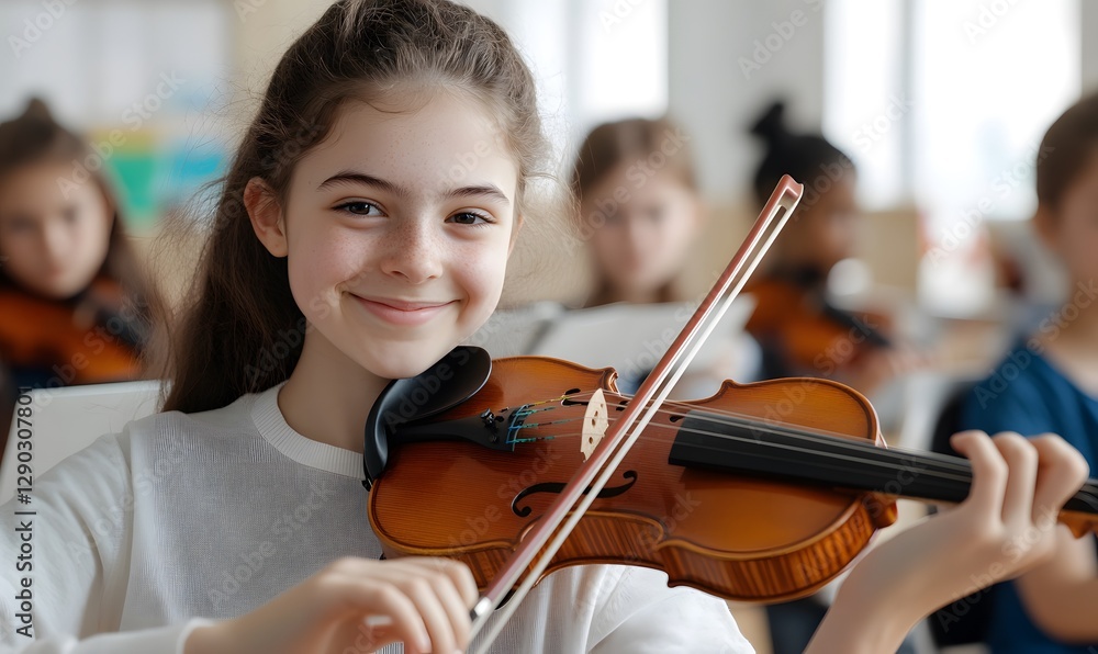 Smiling girl playing violin looking at camera surrounded by classmates in classroom, Generative AI Smiling girl playing violin looking at camera surrounded by classmates in classroom, Generative AI