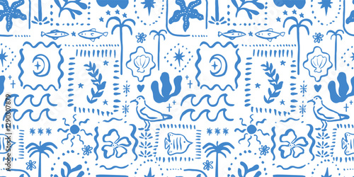Seamless pattern with freehand ink doodle abstract flowers, palm trees and fish. Trendy tropical background. Hand drawn vector illustration. Boho, beach, jungle wallpaper.