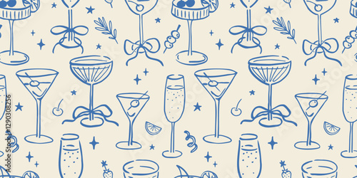 Seamless pattern with various alcohol drinks. Hand drawn ink vector illustration. Elements for poster, social media, banners, invitation. Trendy coquette core template.  