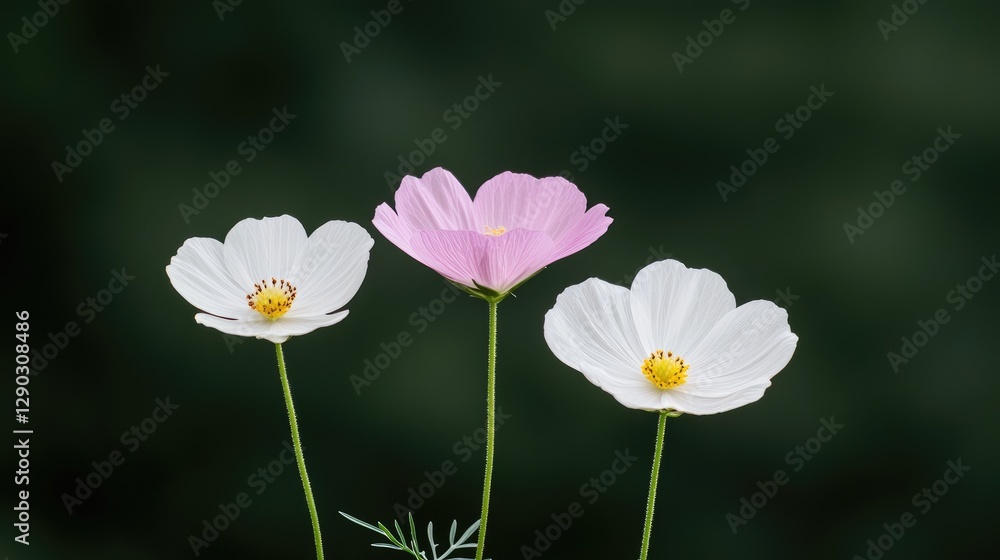 Three Cosmos Flowers Against Dark Background. Possible Use Stock photo for nature, botany, or floral design Three Cosmos Flowers Against Dark Background. Possible Use Stock photo for nature, botany, or floral design