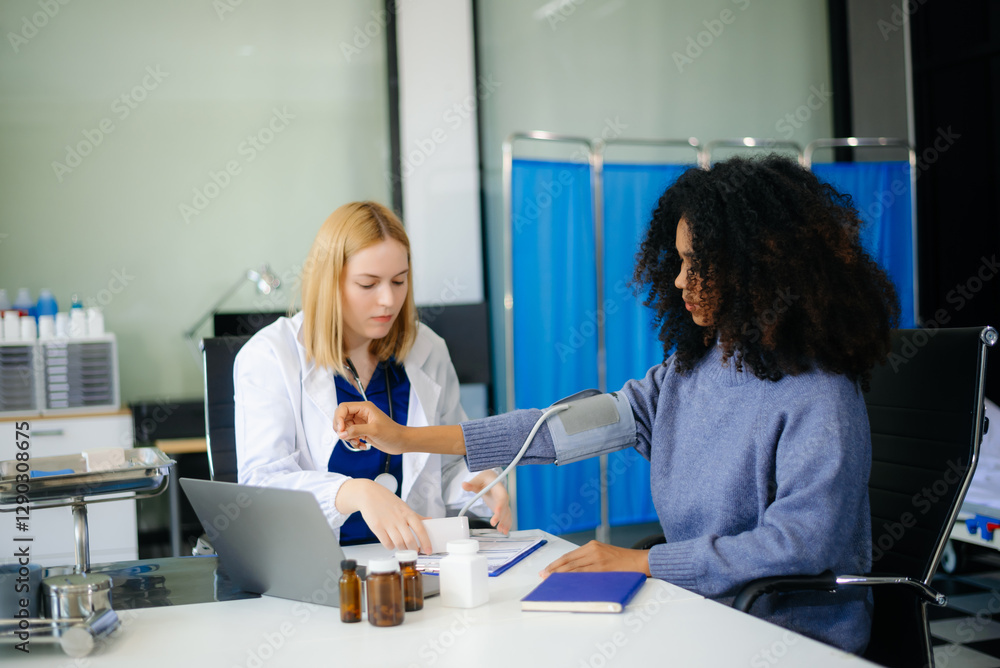 Obraz premium Professional healthcare scene featuring a doctor performing a patient checkup in a clinical setting