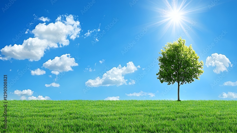 Single Tree in a Lush Green Field Under a Bright Sunny Sky Single Tree in a Lush Green Field Under a Bright Sunny Sky