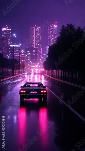 Vibrant city skyline illuminated by neon lights and reflections on a rainy night