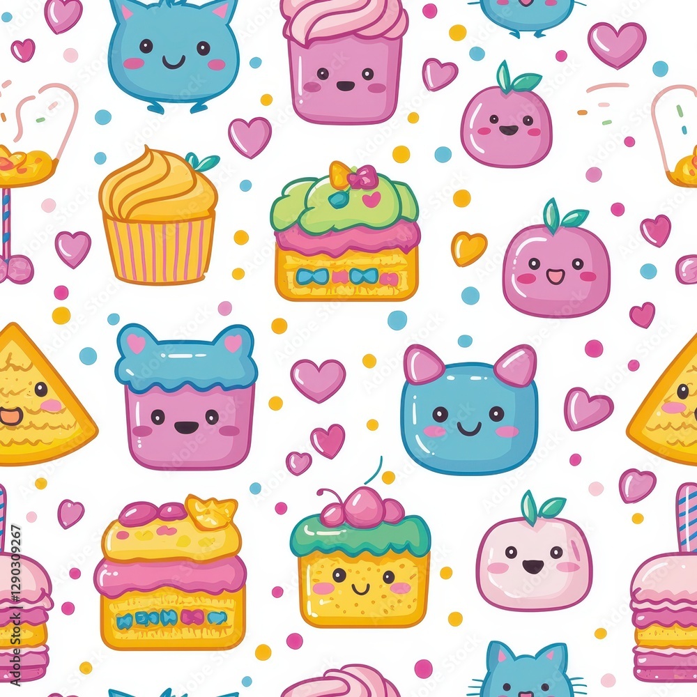 Playful pattern of cute cupcakes with colorful frosting and toppings creating a sweet and delightful culinary artwork Seamless Texture concepts Playful pattern of cute cupcakes with colorful frosting and toppings creating a sweet and delightful culinary artwork Seamless Texture concepts