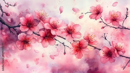 Fototapeta Naklejka Na Ścianę i Meble -  Watercolor sakura flowers full bloom their delicate petals falling in a soft pastel spring landscape creating a peaceful setting