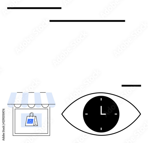 Eye with clock, a storefront showcasing a shopping bag, and horizontal lines convey time-use, market analysis, trends, and customer focus. Ideal for retail, analytics, e-commerce branding strategy