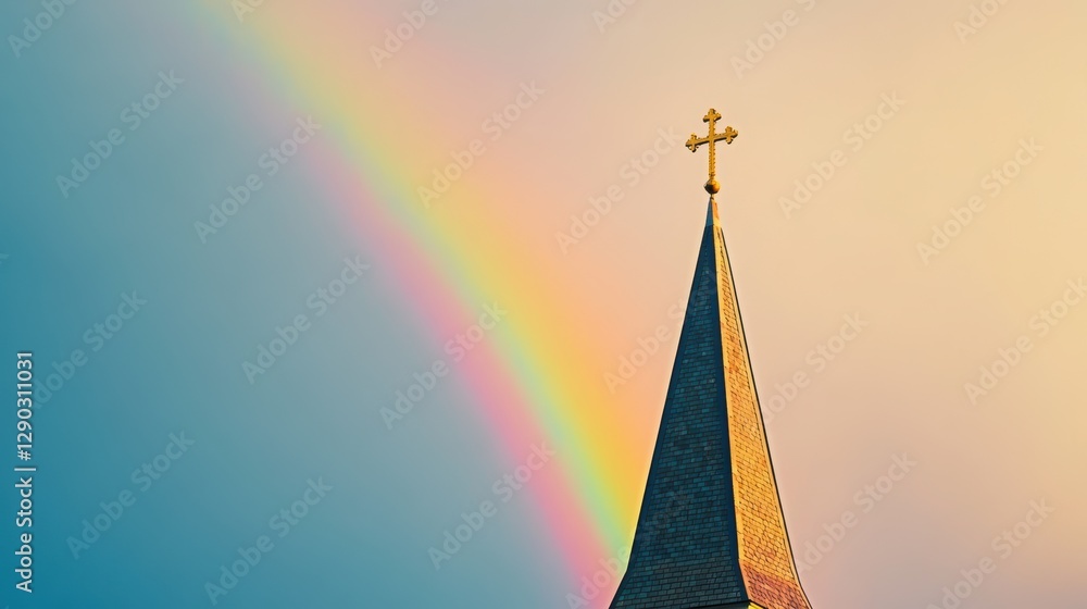 Fototapeta premium A rainbow arching over a church steeple