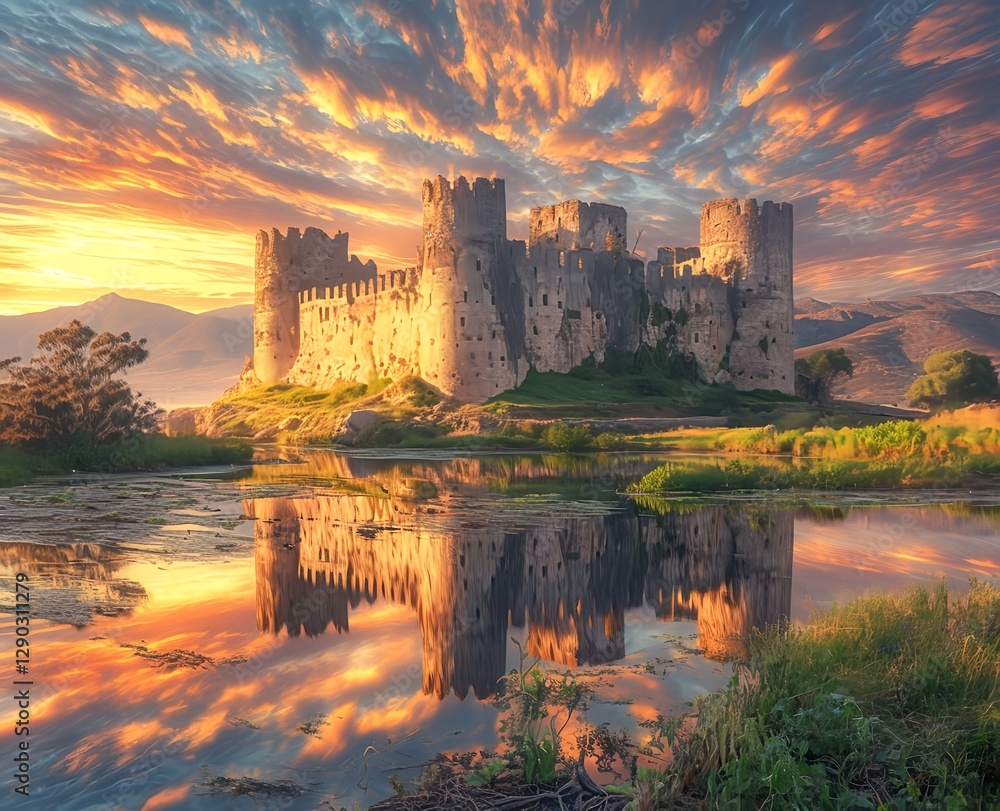 Fototapeta premium A fortress reflected in the calm sea and illuminated by a golden sunrise