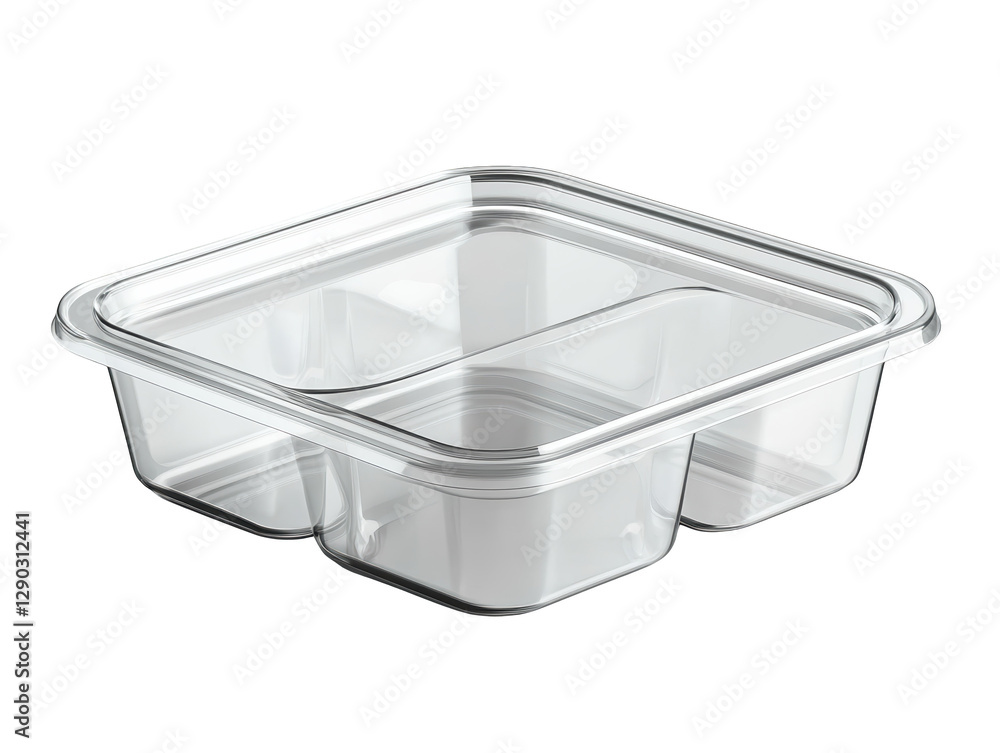 A clear, square food container divided into three compartments, ideal for meal prep and portioning. A clear, square food container divided into three compartments, ideal for meal prep and portioning.