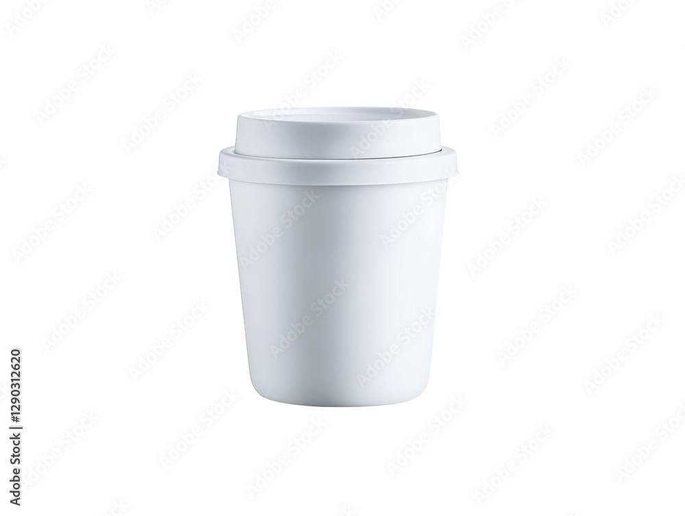 A simple white cup with a lid, commonly used for beverages on the go. A simple white cup with a lid, commonly used for beverages on the go.