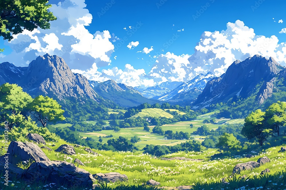 Naklejka premium Sunny mountain valley landscape