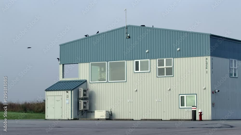 Birds Perched on Airplane Hangar at Pitt Meadows Airfield