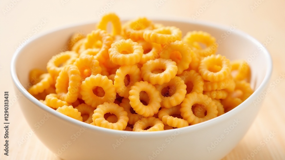 Crunchy cheese-flavored snacks piled in a white bowl on a wooden table during a casual afternoon gathering Crunchy cheese-flavored snacks piled in a white bowl on a wooden table during a casual afternoon gathering