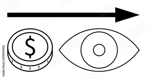 Coin with dollar sign beside an eye and large arrow pointing forward, symbolizing financial foresight, planning, and goal setting. Ideal for finance, vision, investments, growth, strategy success