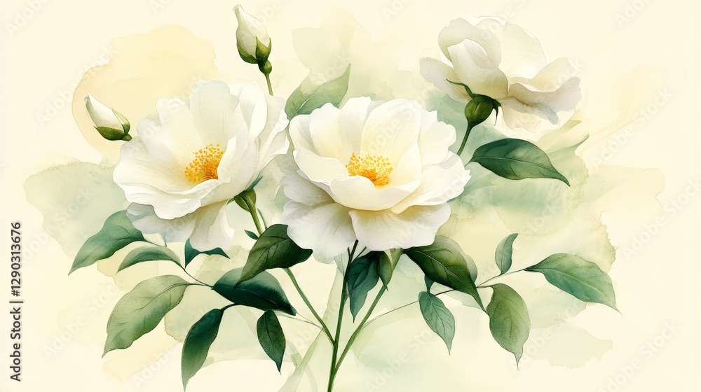 A soft watercolor illustration of white peonies with green leaves on a light background. A soft watercolor illustration of white peonies with green leaves on a light background.
