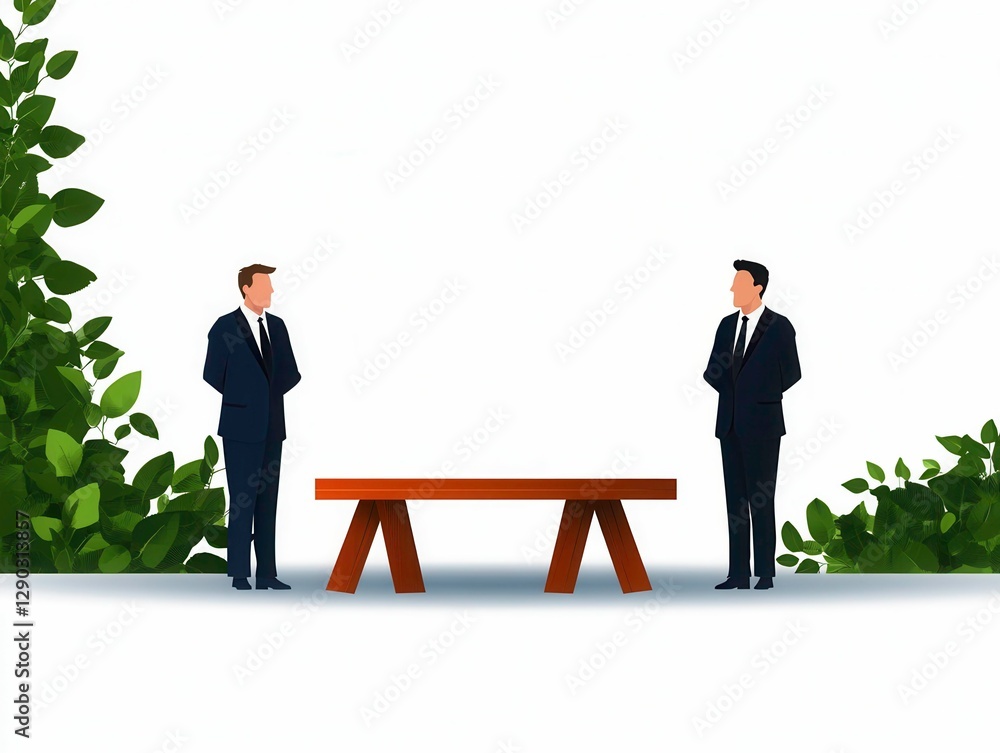 Fototapeta premium Two Businessmen Considering Smart Decision at Table in Nature Background