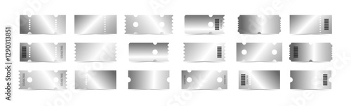 Silver tickets template set. Empty chrome coupon blank with barcode and number. Vector illustration collection isolated on white background
