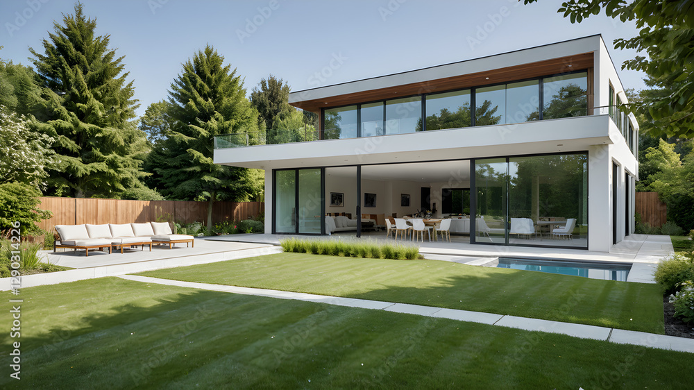A spacious, modern home with large windows letting in natural light, a beautifully landscaped garden, and minimalist design. The open-plan interior features modern furniture, blending comfor A spacious, modern home with large windows letting in natural light, a beautifully landscaped garden, and minimalist design. The open-plan interior features modern furniture, blending comfor