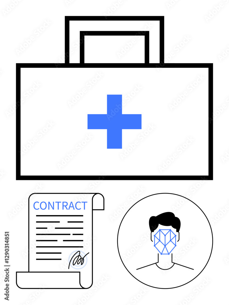 Obraz premium First aid kit with cross symbol, signed contract document, and face with biometric grid. Ideal for healthcare, legal services, security, biometrics, identity verification, insurance and abstract