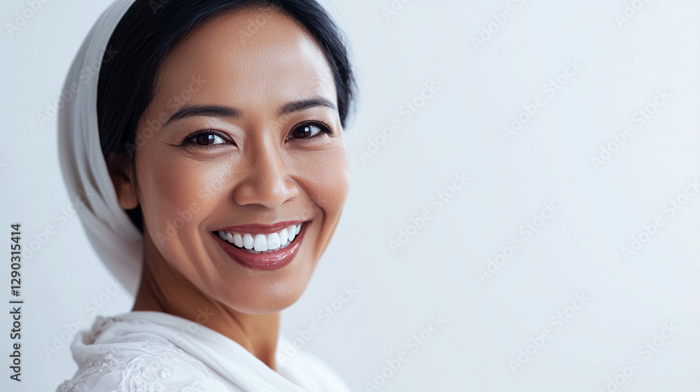 Portrait of a beautiful muslim woman, smiling with clean teeth. To advertise dentistry, cosmetology, beauty salon, copy space Portrait of a beautiful muslim woman, smiling with clean teeth. To advertise dentistry, cosmetology, beauty salon, copy space