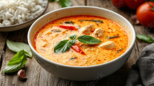 Khanom Jeen with freshly made Nam Ngiao, a spicy Northern Thai tomato-based curry, beautifully plated, isolated. --chaos 20 --ar 16:9 --quality 2 --v 6.1 Job ID: 4391dc15-a258-4646-8ecb-ec053fd75d38