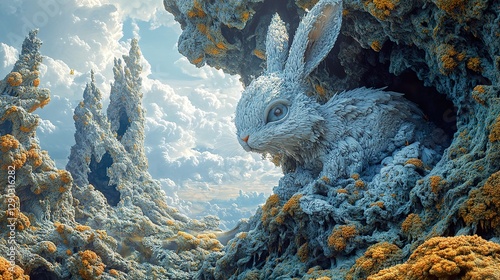 Giant fluffy rabbit residing within a fantastical landscape environment