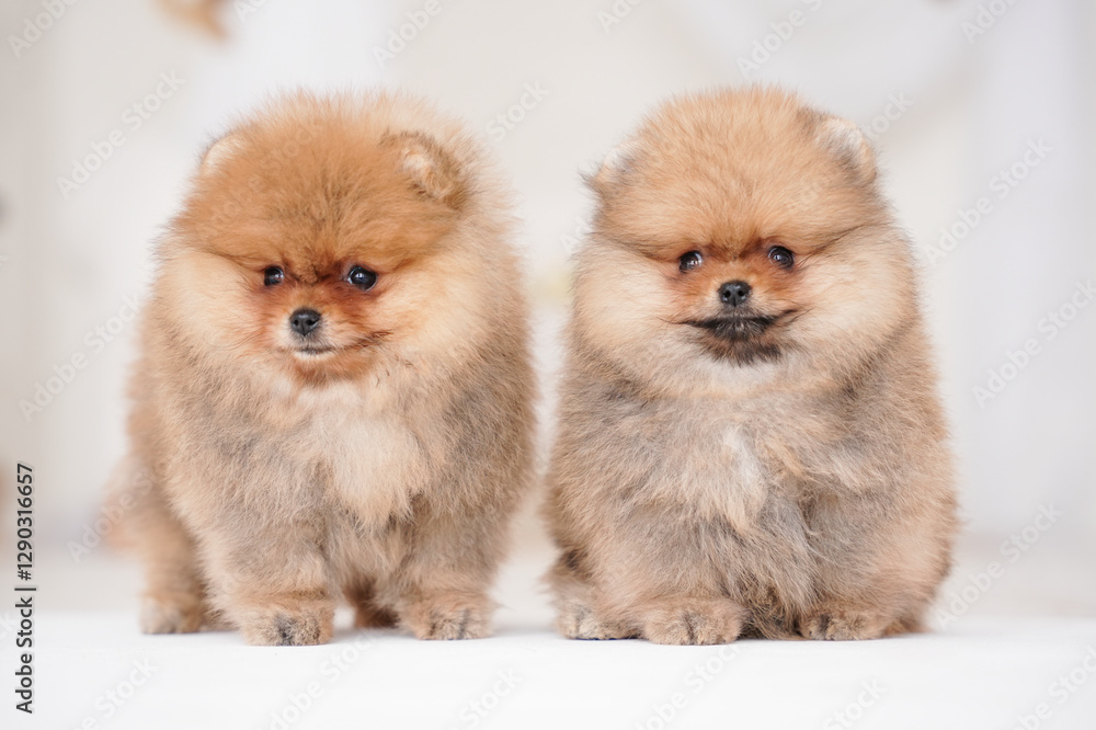 two cute fluffy spitz puppies sitting next to each other against the backdrop of a white room two cute fluffy spitz puppies sitting next to each other against the backdrop of a white room