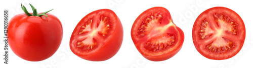 fresh red tomatoes, half and slices tomatoes isolated, transparent PNG, PNG format, cut out, Collection, set