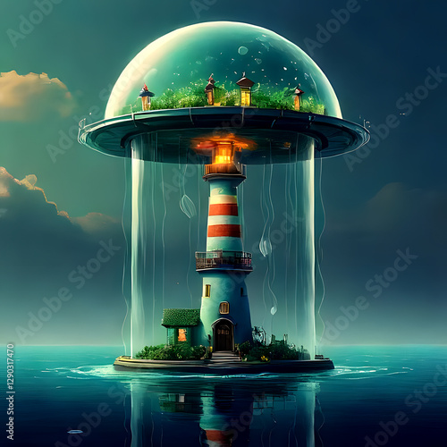 A glowing jellyfish-shaped lighthouse with a fishbowl core, floating in an ethereal sea Generative AI