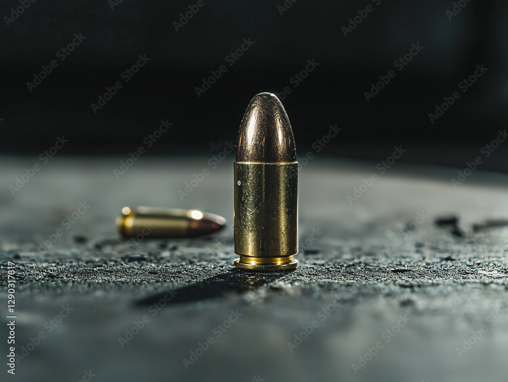 Close up of bullet casing on textured surface, with blurred background Close up of bullet casing on textured surface, with blurred background