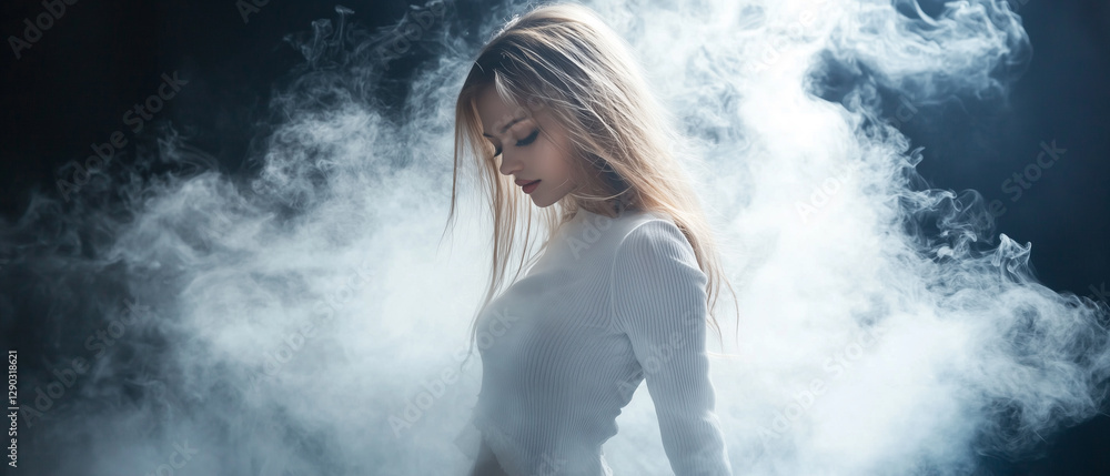 woman in white top stands gracefully amidst swirling smoke, creating mysterious atmosphere woman in white top stands gracefully amidst swirling smoke, creating mysterious atmosphere