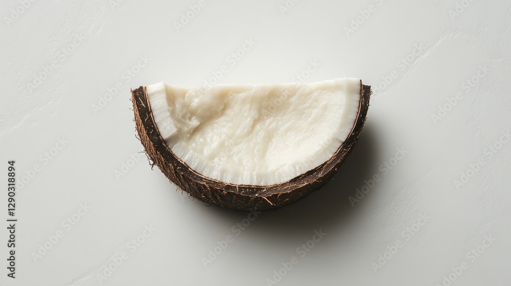A clean slice of coconut, white meat with brown shell, isolated on a bright white background A clean slice of coconut, white meat with brown shell, isolated on a bright white background