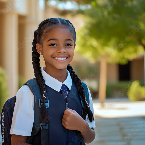 A cheerful young girl student with braided hair, wearing a crisp school uniform and holding a backpack, smiling brightly outside a school building