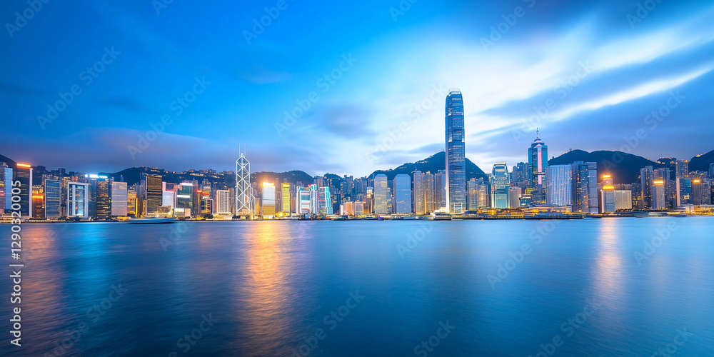 Naklejka premium wide angle shot of vibrant city skyline at dusk with glowing lights reflecting on water