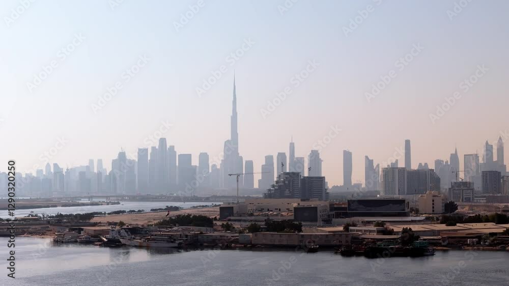 Drone shot of Dubai skyline during a misty day Drone shot of Dubai skyline during a misty day
