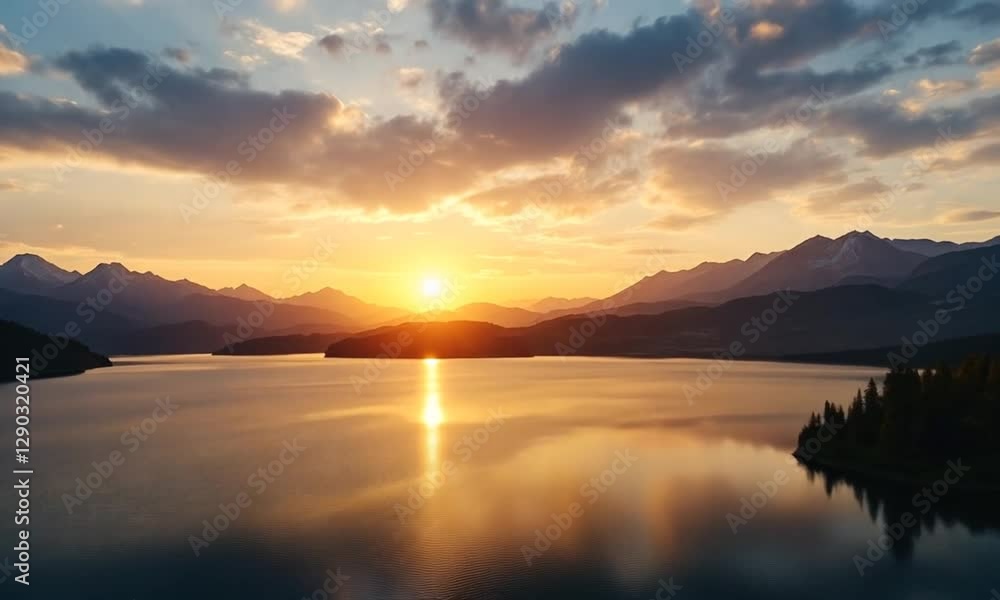 Majestic sunset over alpine lake, tranquil mountain range reflected in water. Ideal for travel, nature, or desktop use Majestic sunset over alpine lake, tranquil mountain range reflected in water. Ideal for travel, nature, or desktop use