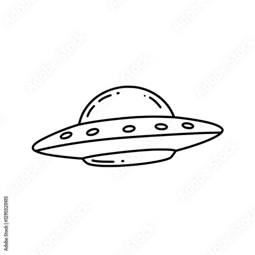 UFO Outline in Flight: A captivating, minimalist black outline of an unidentified flying object (UFO) appears in flight. The object, in a simple, classic saucer shape.
