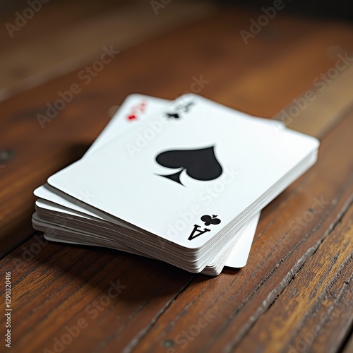 Imagery of a Blurred Wooden Table with Four Spade Aces: White, Black, Red Card Stack. A stack of four aces of spades on a wooden table. photo