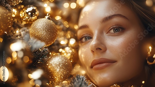 Woman by Christmas tree, radiant face, holiday glow
