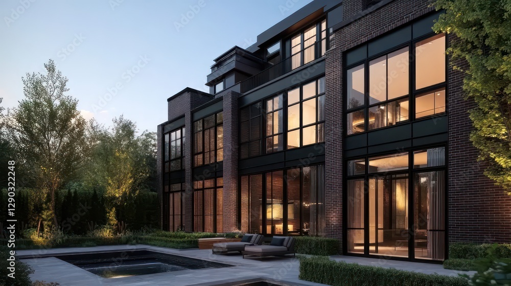 Naklejka premium Modern brick homes, backyard pool, twilight. Real estate marketing