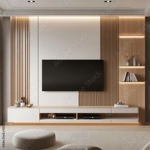 Modern minimalist living room TV wall unit with wooden panels and integrated lighting.