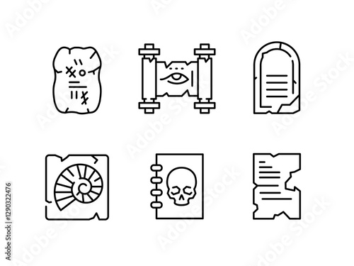 Archaeology icons. Ancient manuscripts and archaeology icon set. Map, Shovel, Artifact, Fossil, Scull icons. Design signs for web pages, mobile apps, related to history. Vector illustration