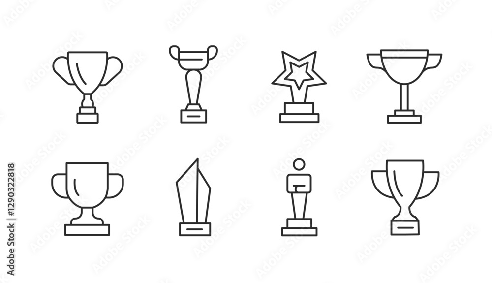 Awards icons set. Collection of 8 minimal vector icons representing various awards such as trophies, medals, ribbons, and certificates. Ideal for celebrating achievements. Vector illustration Awards icons set. Collection of 8 minimal vector icons representing various awards such as trophies, medals, ribbons, and certificates. Ideal for celebrating achievements. Vector illustration