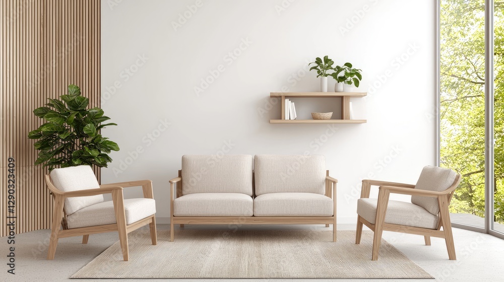 Fototapeta premium Minimalist living room, wooden furniture, plants, window view, serene design, home decor