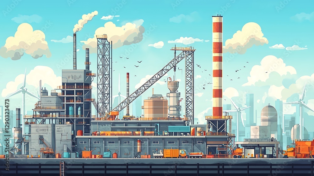 Obraz premium Industrial Complex with Wind Turbines and City Skyline.