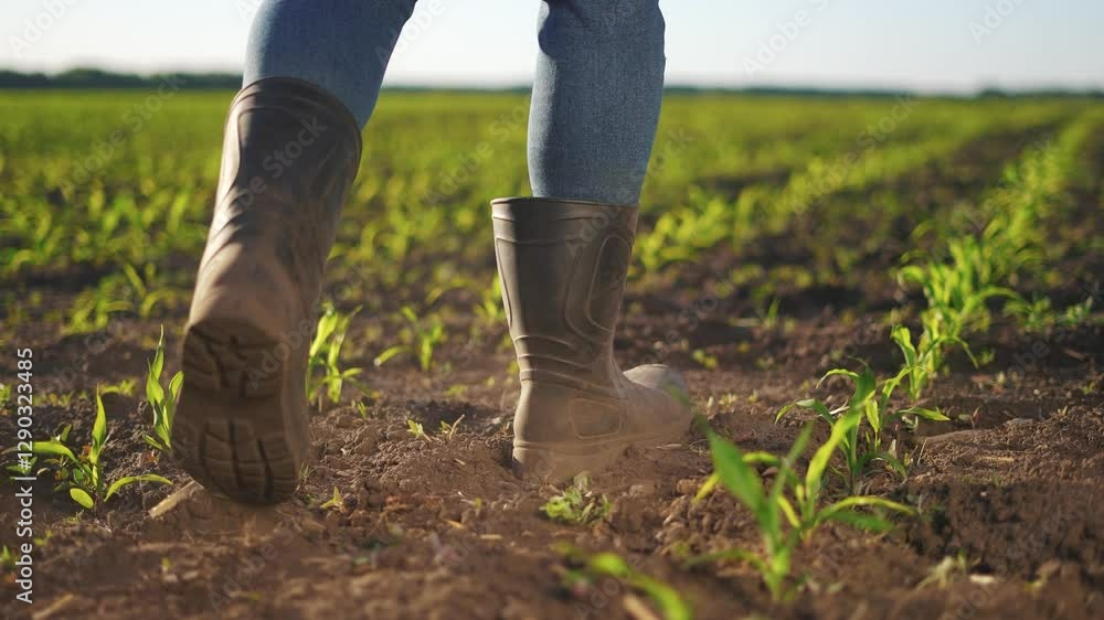 Agriculture. A field of sprouts and corn with feet of space. Dirt foot rural agriculture concept. Farmer in boots goes to harvest corn. Farmer goes to field of sprouts and lifestyle corn in boots. Agriculture. A field of sprouts and corn with feet of space. Dirt foot rural agriculture concept. Farmer in boots goes to harvest corn. Farmer goes to field of sprouts and lifestyle corn in boots.