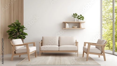 Minimalist living room, wooden furniture, plants, window view, serene design, home decor