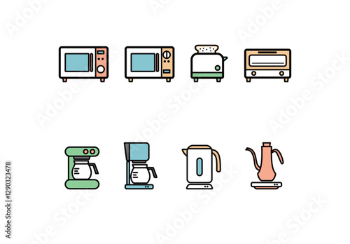 シンプルなキッチン家電の線画イラストセット（カラー）